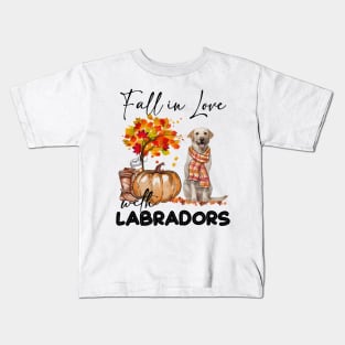 Fall In Love With Yellow Labradors Fall Pumpkin Thanksgiving Kids T-Shirt